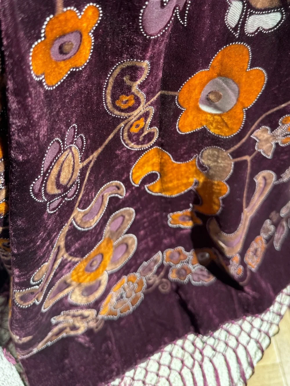 100% Silk Velvet Devoré Plum Floral Burnout Scarf/Evening Wrap with Fringe